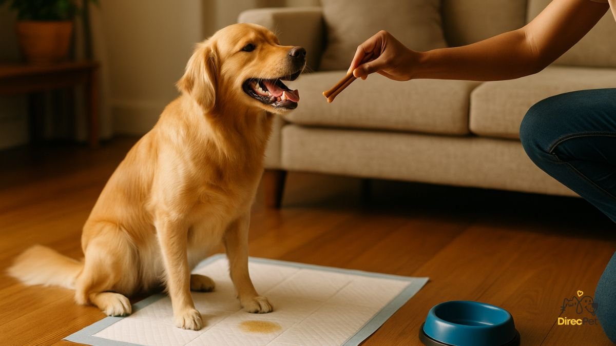 Cachorro-acertando-o-tapete-e-recebendo-recompensa-imediata-como-reforco-positivo Como ensinar o cachorro a fazer xixi no lugar certo em 3 dias