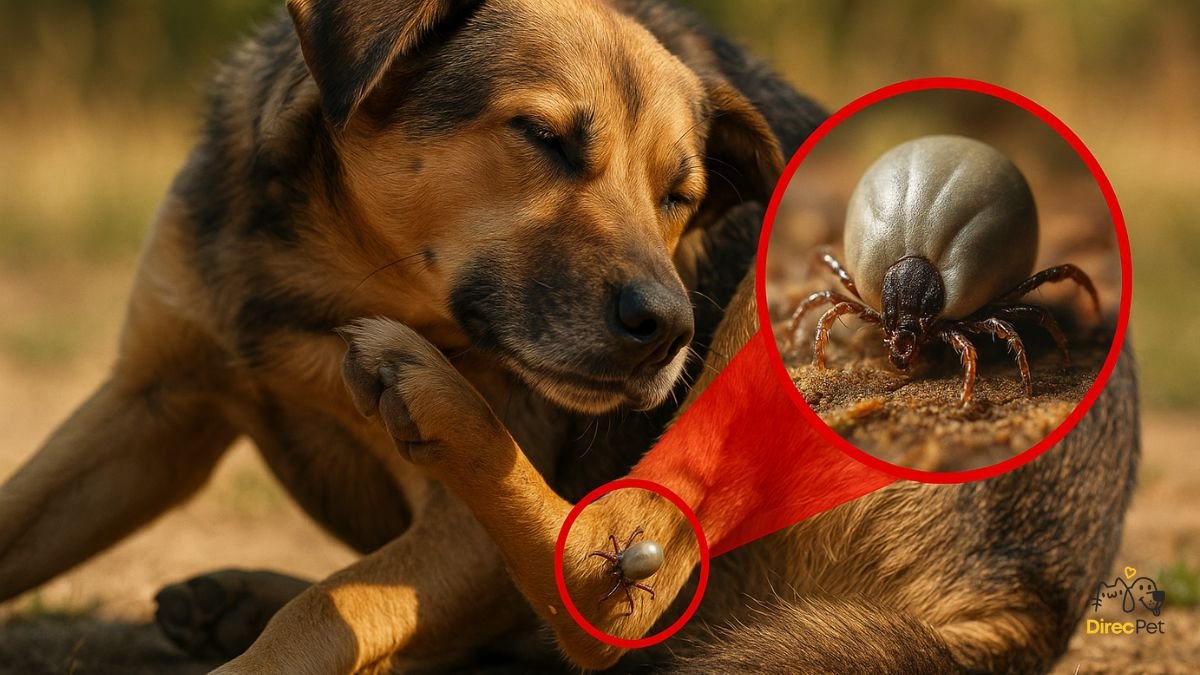 Cachorro vira-lata se coçando com um carrapato na pata, ilustrando o risco de infestação e transmissão de doenças.