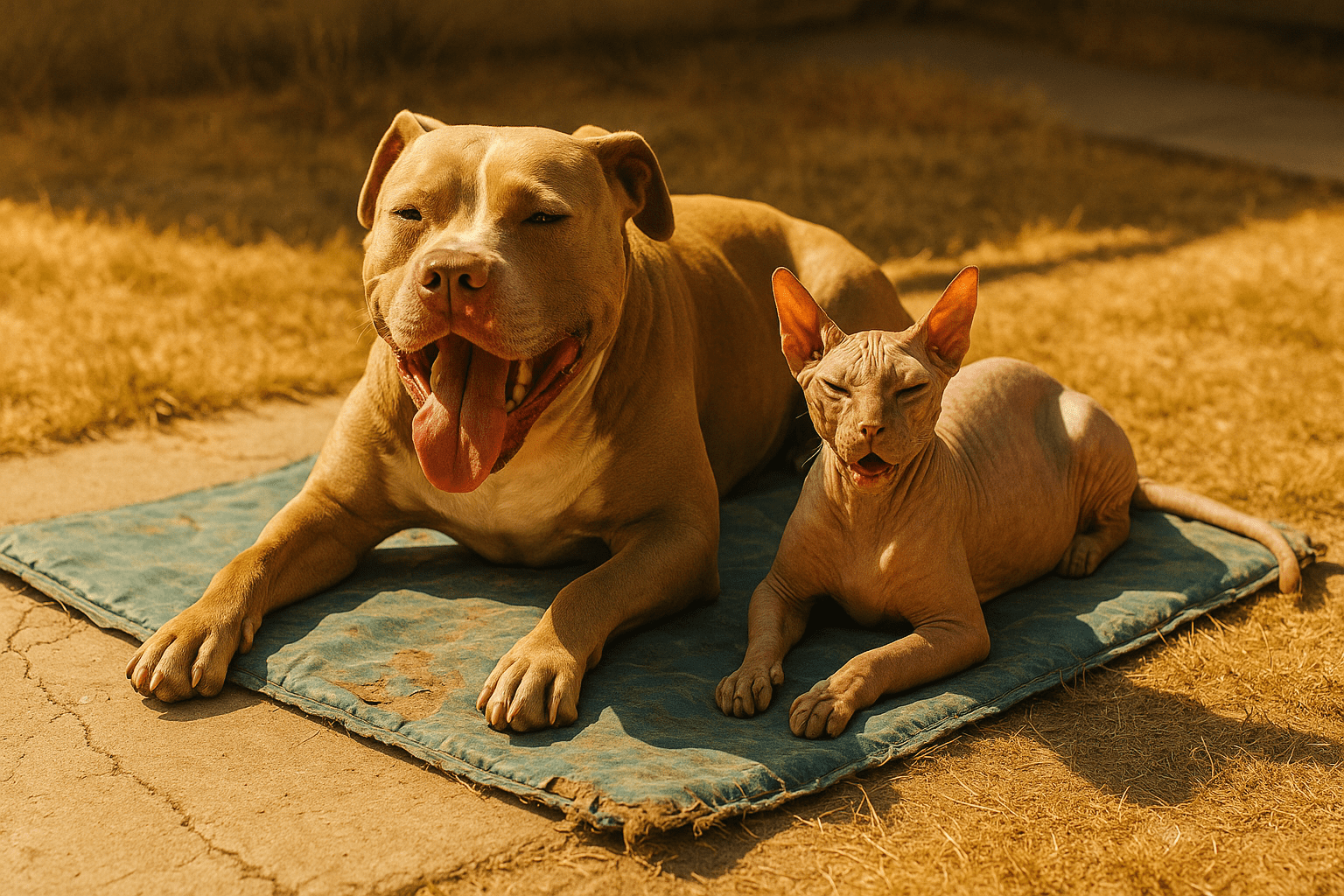 Um pitbull e um gato sem pelos descansam lado a lado em um tapete azul gasto, sob o sol intenso de um quintal. Ambos parecem cansados e ofegantes por causa do calor, com o fundo mostrando grama seca e chão rachado.