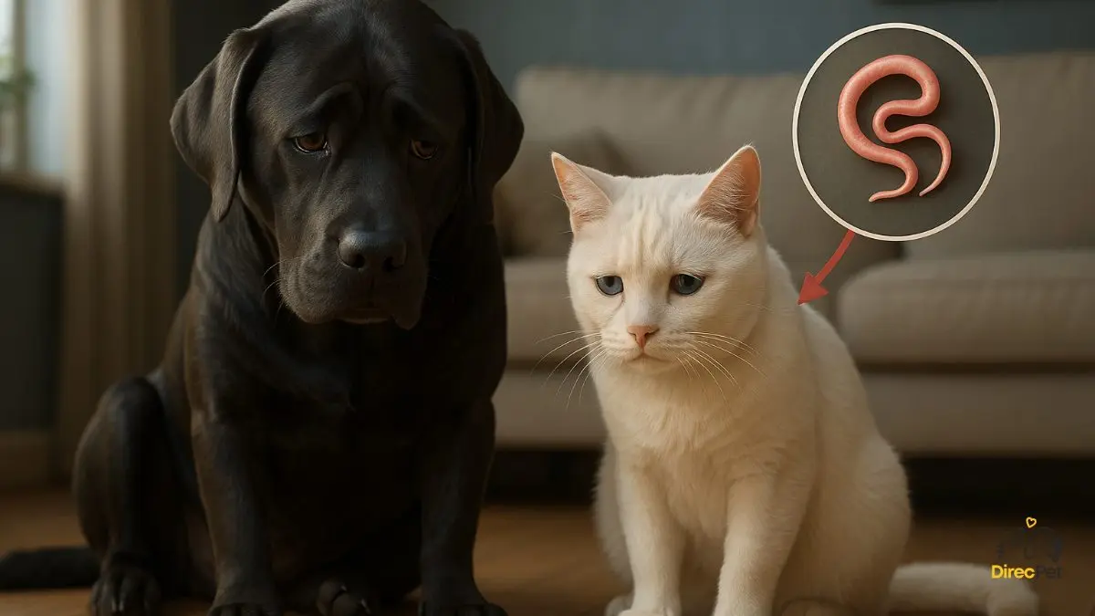 Ilustração realista mostrando um cachorro e um gato tristes dentro de um círculo, com uma seta vermelha apontando para um verme, simbolizando infecção por parasitas em pets.