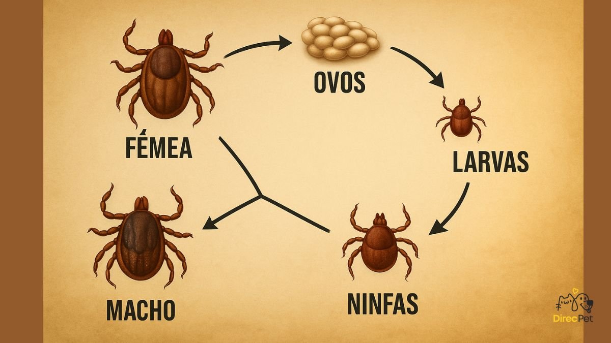 Infografico-simples-com-o-ciclo-do-carrapato-e-a-transmissao-para-o-cao Doença do carrapato: sintomas, tratamento e prevenção — guia completo para tutores