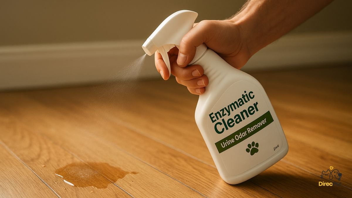 Limpador-enzimatico-sendo-aplicado-para-remover-completamente-o-odor-de-urina-do-chao Como ensinar o cachorro a fazer xixi no lugar certo em 3 dias