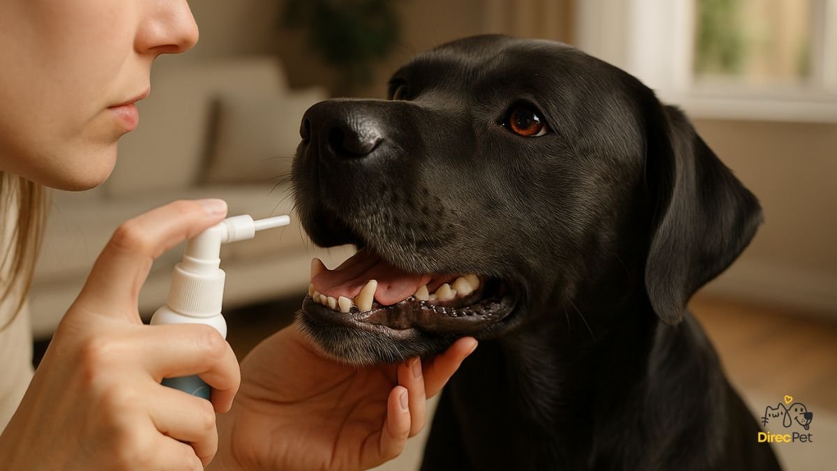 Spray-dental-para-caes-sendo-aplicado-pelo-tutor-de-forma-suave Como escovar os dentes do seu cachorro sem estresse