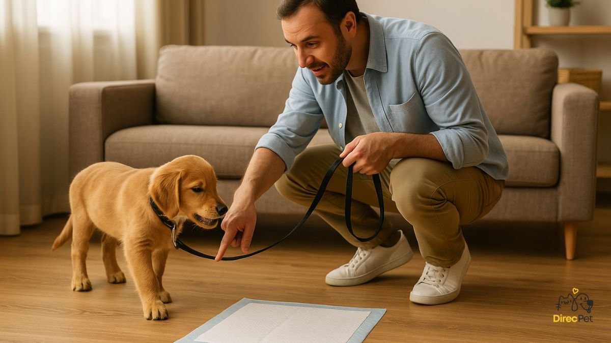 Tutor-guiando-o-cachorro-ate-o-tapete-higienico-para-aprender-a-fazer-xixi-no-lugar-certo Como ensinar o cachorro a fazer xixi no lugar certo em 3 dias