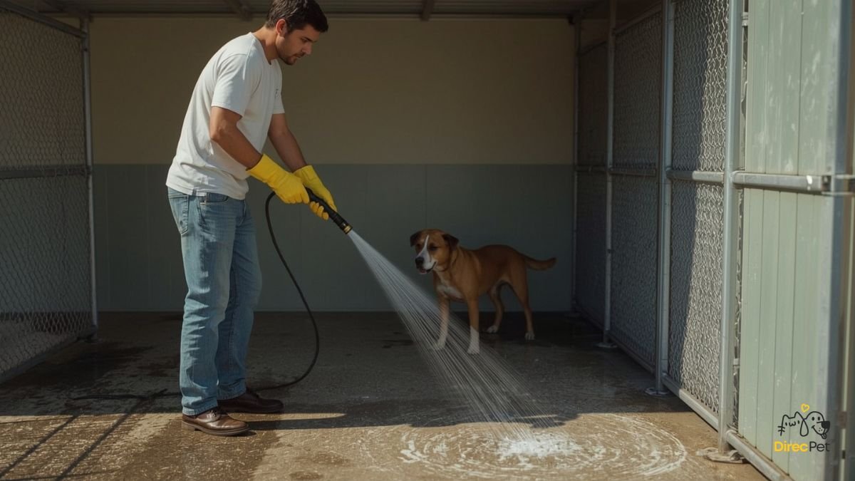 Tutor-limpando-area-externa-e-higienizando-o-canil-para-evitar-infestacao-de-carrapatos Doença do carrapato: sintomas, tratamento e prevenção — guia completo para tutores