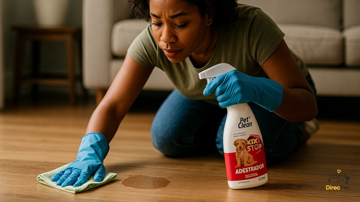 Tutor-limpando-corretamente-o-local-errado-com-limpador-enzimatico-para-manter-o-treino-de-xixi-no-lugar-certo Como ensinar o cachorro a fazer xixi no lugar certo em 3 dias