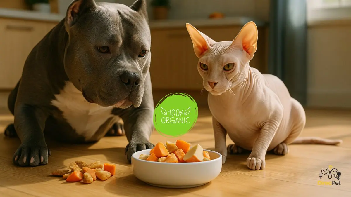 American Bully e gato Sphynx apreciando snacks naturais para pets sobre a mesa