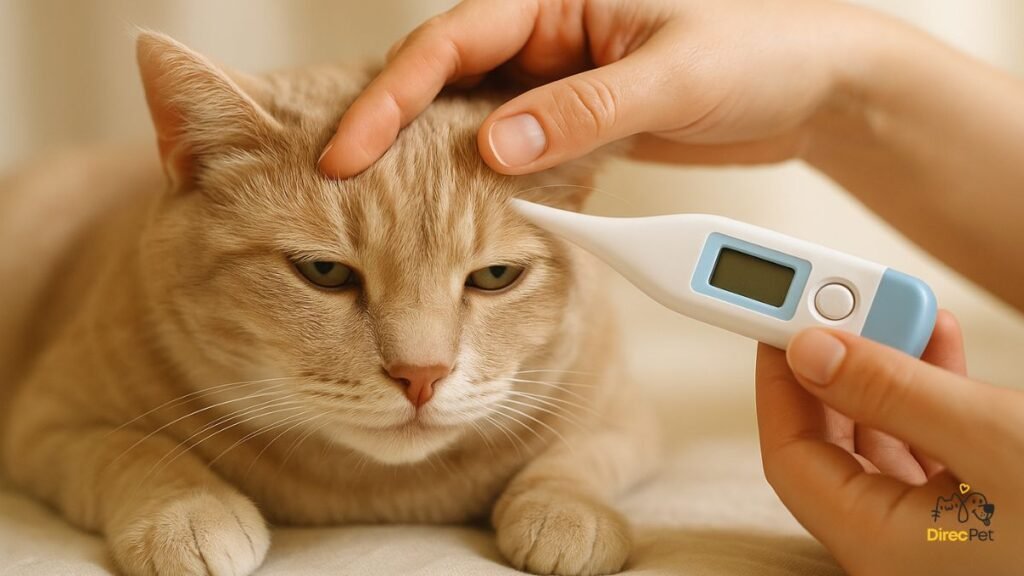 Pessoa medindo a temperatura de um gato com termômetro digital para verificar febre