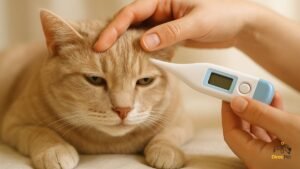 Pessoa medindo a temperatura de um gato com termômetro digital para verificar febre