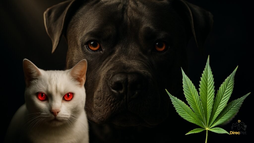 Cachorro grande de frente com olhos avermelhados, retrato cinematográfico ultra realista.