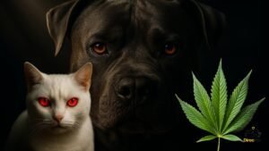 Cachorro grande de frente com olhos avermelhados, retrato cinematográfico ultra realista.