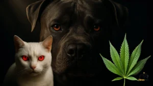 Cachorro grande de frente com olhos avermelhados, retrato cinematográfico ultra realista.
