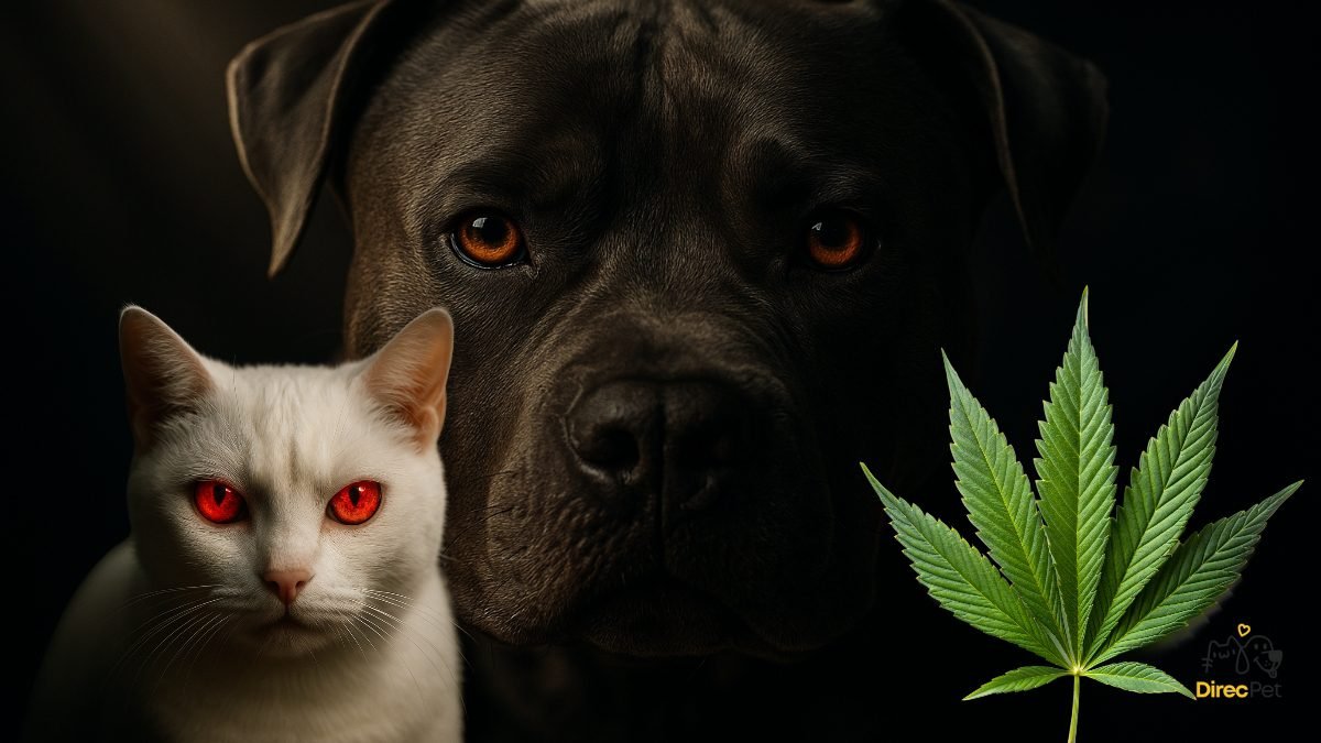 Cachorro grande de frente com olhos avermelhados, retrato cinematográfico ultra realista.