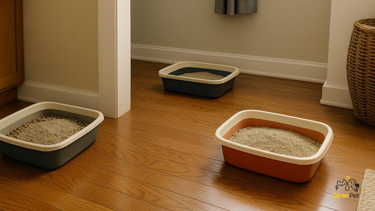 Tres-caixas-de-areia-posicionadas-em-casa Seu gato faz xixi fora da caixa? Descubra o que está dando errado!