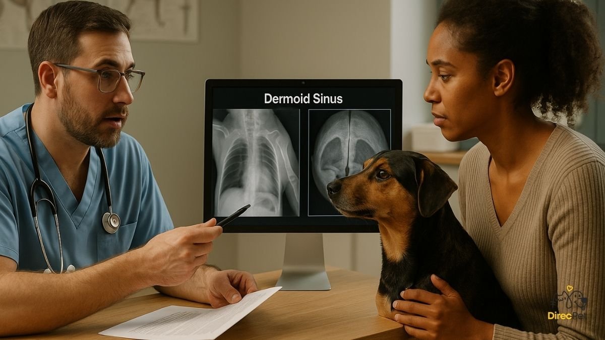 Veterinario-explicando-diagnostico-de-Dermoid-Sinus Doença: Dermoid Sinus — a malformação oculta que pode colocar a vida do seu cachorro em risco