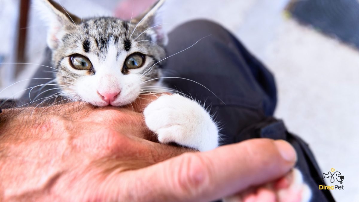 Gato-segurando-a-mao-do-tutor-com-a-boca Por que meu gato me morde do nada? Entenda o que ele quer dizer com isso