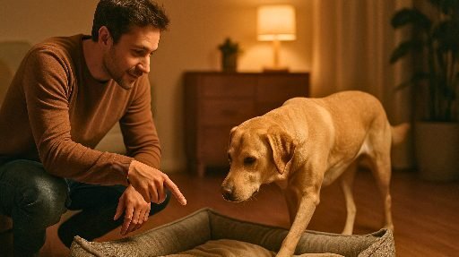 Tutor-conduzindo-o-cachorro-ate-a-caminha-para-dormir Como ensinar o cachorro a dormir no lugar certo