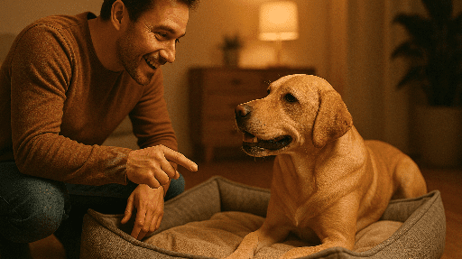 Tutor-elogiando-o-cachorro-deitado-na-propria-caminha Como ensinar o cachorro a dormir no lugar certo