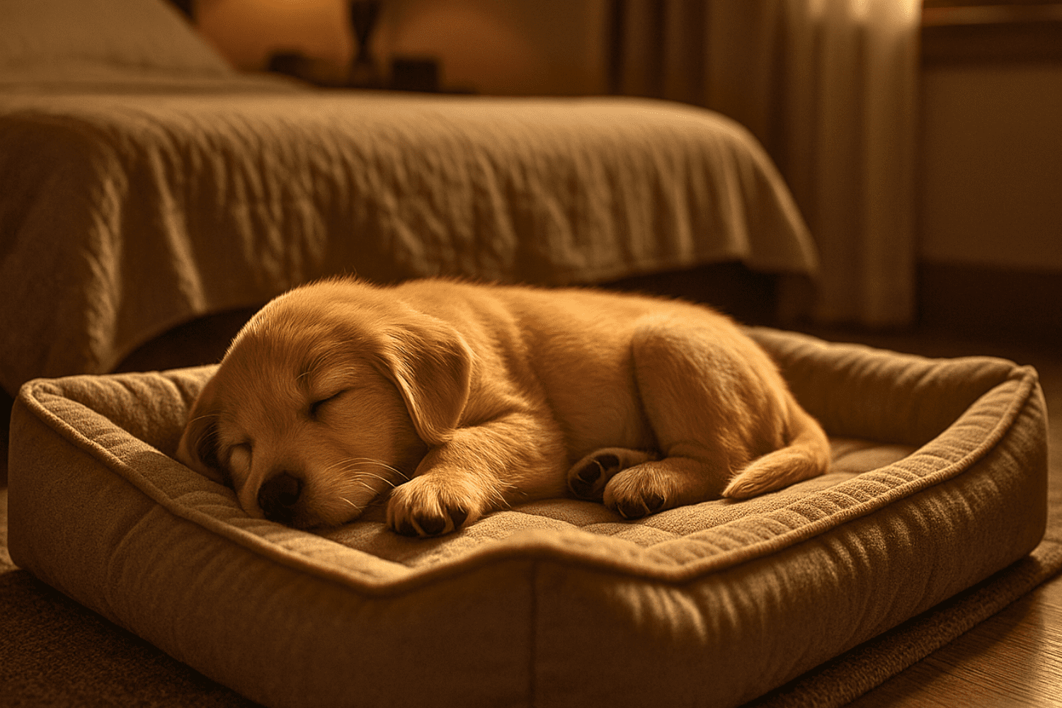 Cachorro dormindo tranquilo na própria caminha após aprender o comando