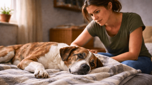 cachorro-deitado-de-lado-sendo-monitorado-em-casa Cachorro envenenado: primeiros socorros quando não há dinheiro para veterinário