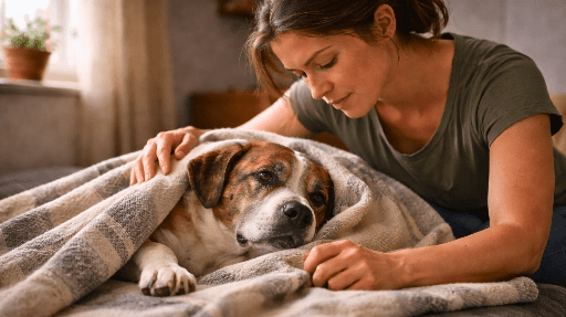 cachorro-sendo-aquecido-e-acalmado-pelo-tutor Cachorro envenenado: primeiros socorros quando não há dinheiro para veterinário